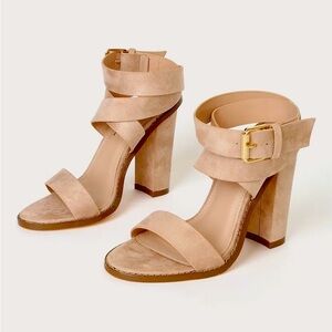 LILIANA Beige Nude Chunky Strappy Ankle Wrap Sandals Heels w/Buckle Closure Sz8